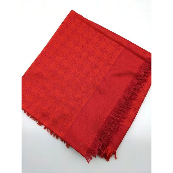 TORY BURCH logo jacquard wool and silk women's traveler scarf - BRIGHT RED - Picture 7 of 8